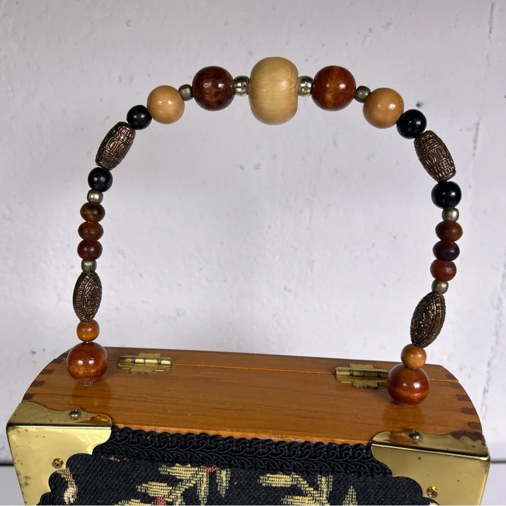 Women’s Wooden Cigar Box Purse Beaded Handle Fabric Monkey Print - Picture 3 of 10
